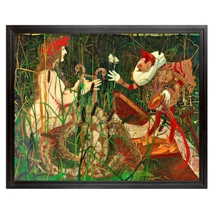 May include: A framed painting depicting a scene with two figures in a natural setting. One figure, adorned with a red floral crown, interacts with another figure in ornate attire. The artwork features a rich color palette with greens, browns, and reds.