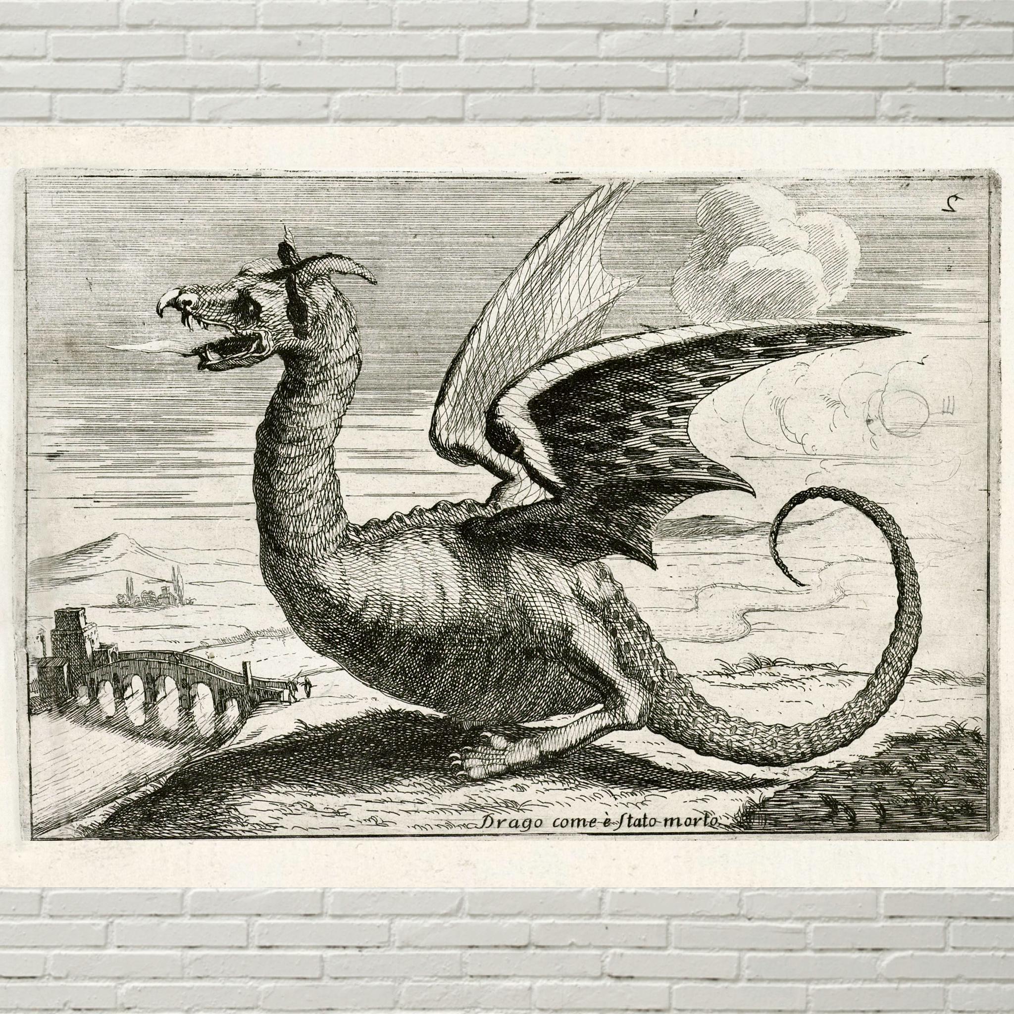 17th Century Dragon Art, Dragon Art Print From Antique Etching