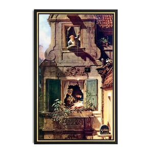 May include: A framed print of a vintage painting depicting a European street scene. The artwork shows a multi-story building with people in windows, including a person waving. The building has green shutters and a decorative balcony.