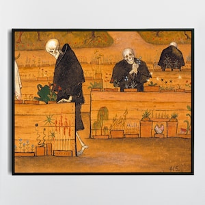 May include: A painting depicting three skeletons dressed in black robes tending to a garden. The skeletons are watering plants, pruning flowers, and tending to the soil. The garden is filled with various plants and flowers, including roses, lilies, and sunflowers. The painting is set against a backdrop of a lush green forest. The painting is titled "#15."
