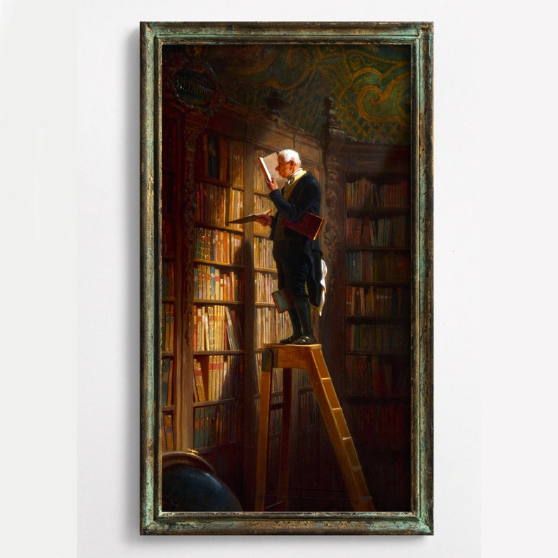 May include: A painting of a man in a dark suit standing on a ladder in a library, reaching for a book on a high shelf. The library is filled with bookshelves and has a dark wood floor. The man is wearing a white cravat and has a book in his hand.