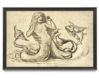 Lámina artística antigua de sirena de cola partida, ilustración de Wilhelm Volz Jugend, dibujo del siglo XVIII
