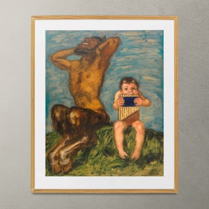Cute Antique Painting, Faun and Baby Faun, Franz von Stuck, Dissonance, High Quality Art Print, Satyr and Flute, Mythology, Music Art