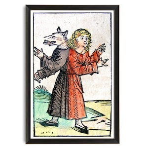 May include: A woodcut illustration depicting a person with a wolf's head. The person is wearing a red robe and is standing on a grassy field. The wolf's head is facing to the left, and the person's head is facing to the right. The illustration is in a black frame.