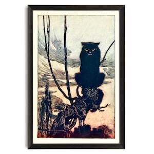 Grumpy Black Cat, Arthur Rackham Fairytale Book Illustration, Vintage Antique Reproduction Art Print, Witches Cat, Black Cat Art Print