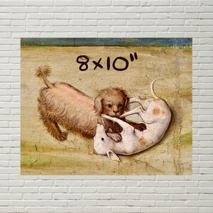 May include: A painting depicting two dogs in a tussle. The dog on the left is brown and white, while the dog on the right is white with brown patches. The painting is on canvas and has a rustic, vintage feel. The text "8x10" is written in black marker in the top right corner of the painting.