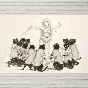 May include: Black and white illustration of a woman with a crown and cats. The woman holds a wand, surrounded by cats wearing striped shirts. The cats appear to be interacting with each other and objects.