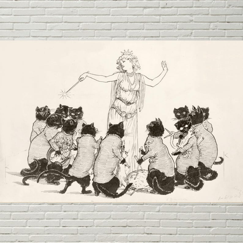 May include: Black and white illustration of a woman with a crown and cats. The woman holds a wand, surrounded by cats wearing striped shirts. The cats appear to be interacting with each other and objects.