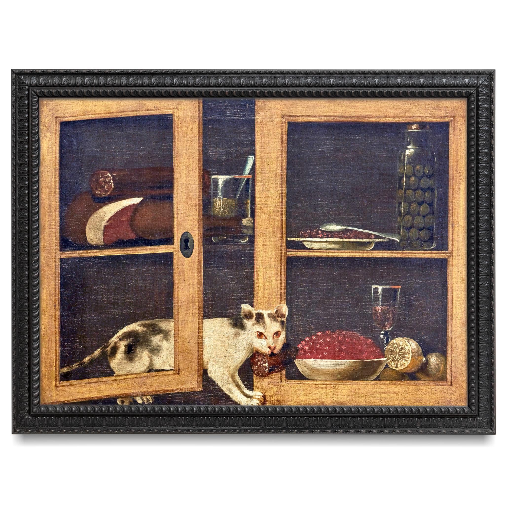 Cat Stealing Sausage, Weird Old Cat Art Print, Antique French 18th
