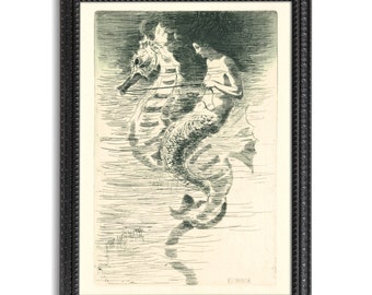Lámina artística de 1881: Sirena caprichosa montando un caballito de mar, ilustración antigua, Frederick Stuart Church, arte para la pared del baño, decoración playera.