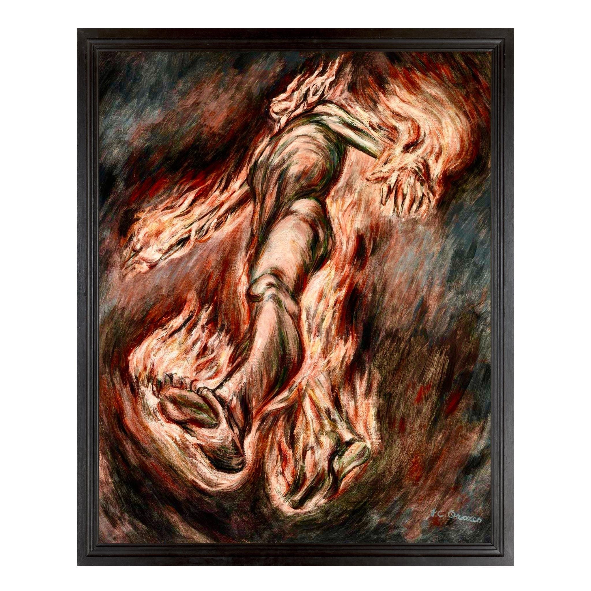 El Fuego, Vintage Mexican Art, Fire Creature Symbolist Art, Fire