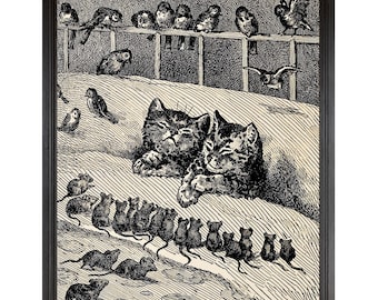 Kittens Dreaming, Cute Victorian Kitten Book Illustration, Black and White Illustration, 19th Century, Funny Antique Cat Art, Mice and Birds