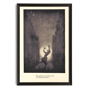 May include: Framed art print featuring a dark, mystical illustration. A figure with a bow and arrow is suspended in a shaft of light between two dark rock formations. The print includes the quote, "The poplars are a mystic wall Of whispering Titans."