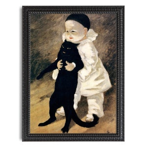 May include: A painting of a young child in a white and black jester costume holding a black cat. The child is wearing a black hat and has a white face. The cat is standing on its hind legs and is looking at the viewer.