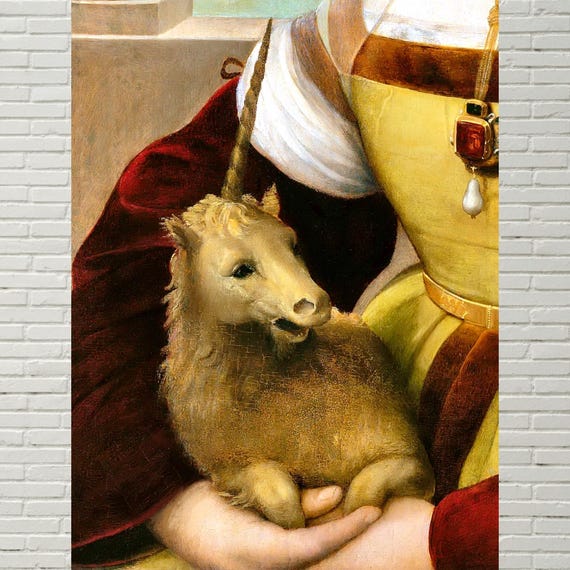 Baby Unicorn Art Print, Medieval Renaissance Unicorn Art, Antique