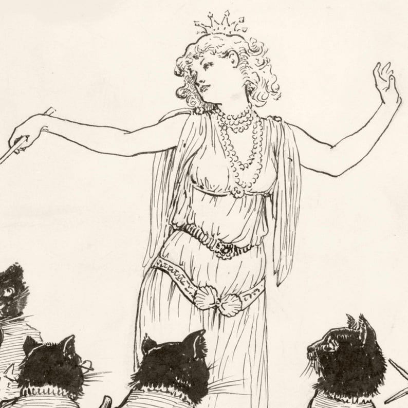 May include: An illustration of a woman in a flowing gown and crown, holding a wand, with several black cat figures in the foreground. The woman wears multiple strands of pearls and a decorative belt. The image is a black and white line drawing.
