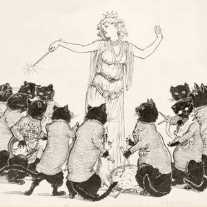 May include: Black and white illustration of a woman in a flowing gown and crown, holding a wand, surrounded by cats in striped shirts. The cats appear to be playing instruments and are gathered around a turtle.
