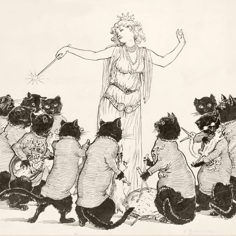 May include: Black and white illustration of a woman in a flowing gown and crown, holding a wand, surrounded by cats in striped shirts. The cats appear to be playing instruments and are gathered around a turtle.