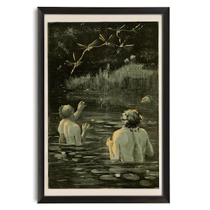 May include: Framed vintage print depicting a dark, dreamlike scene. Two figures are in a pond, reaching upwards towards a group of flying creatures. The artwork is in shades of green and brown, with a black frame.