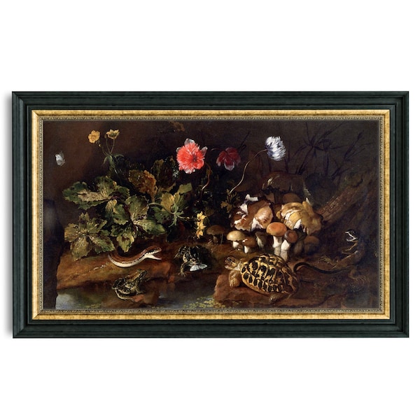 Creepy Antique Still Life with Frog, Snake, Lizard, Tortoise, Mushrooms, Moth, Dark Creepy Still Life, Renaissance Art, 1600s, Dark Forest