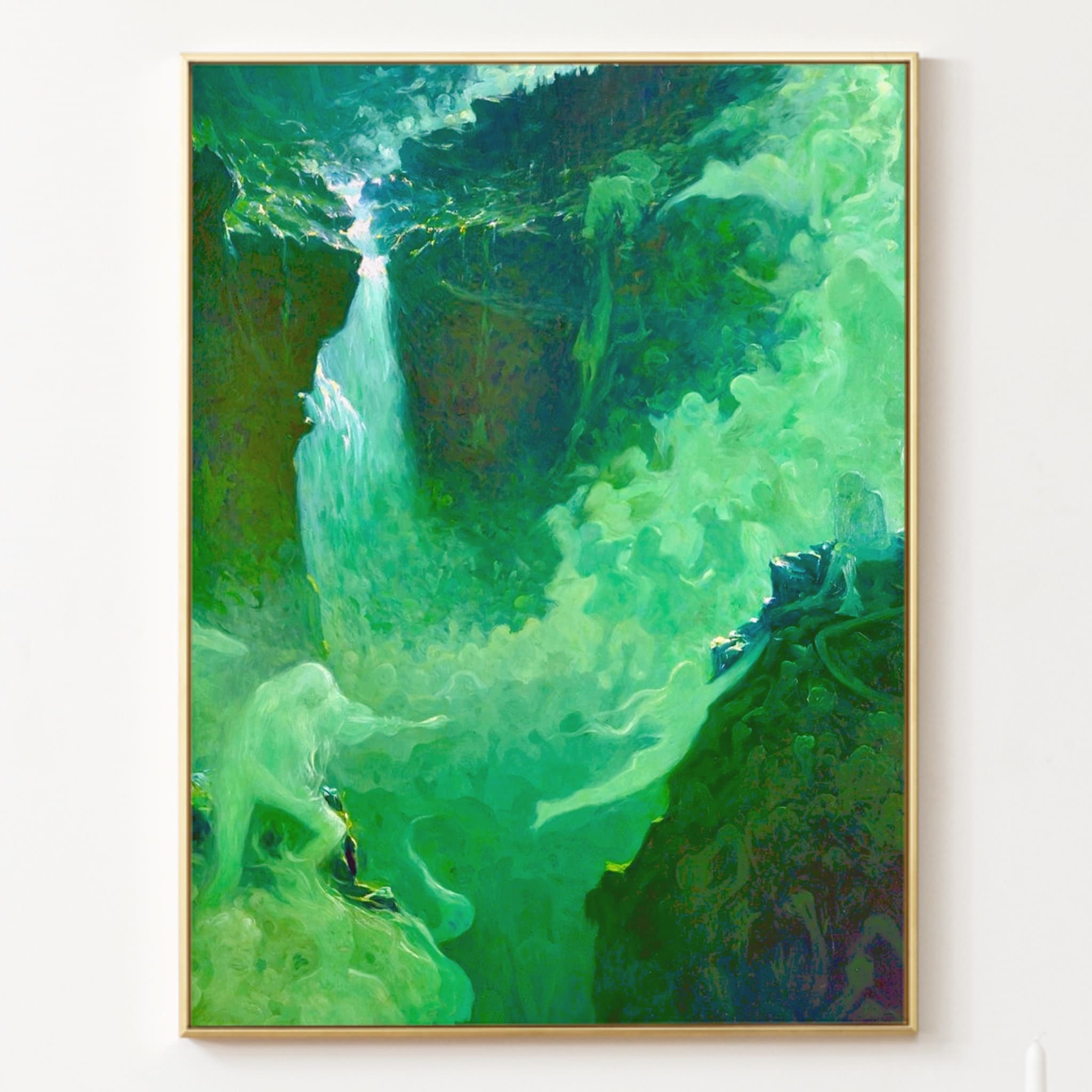 Antique Green Waterfall Fantasy Art, Water Sprites, Mermaids