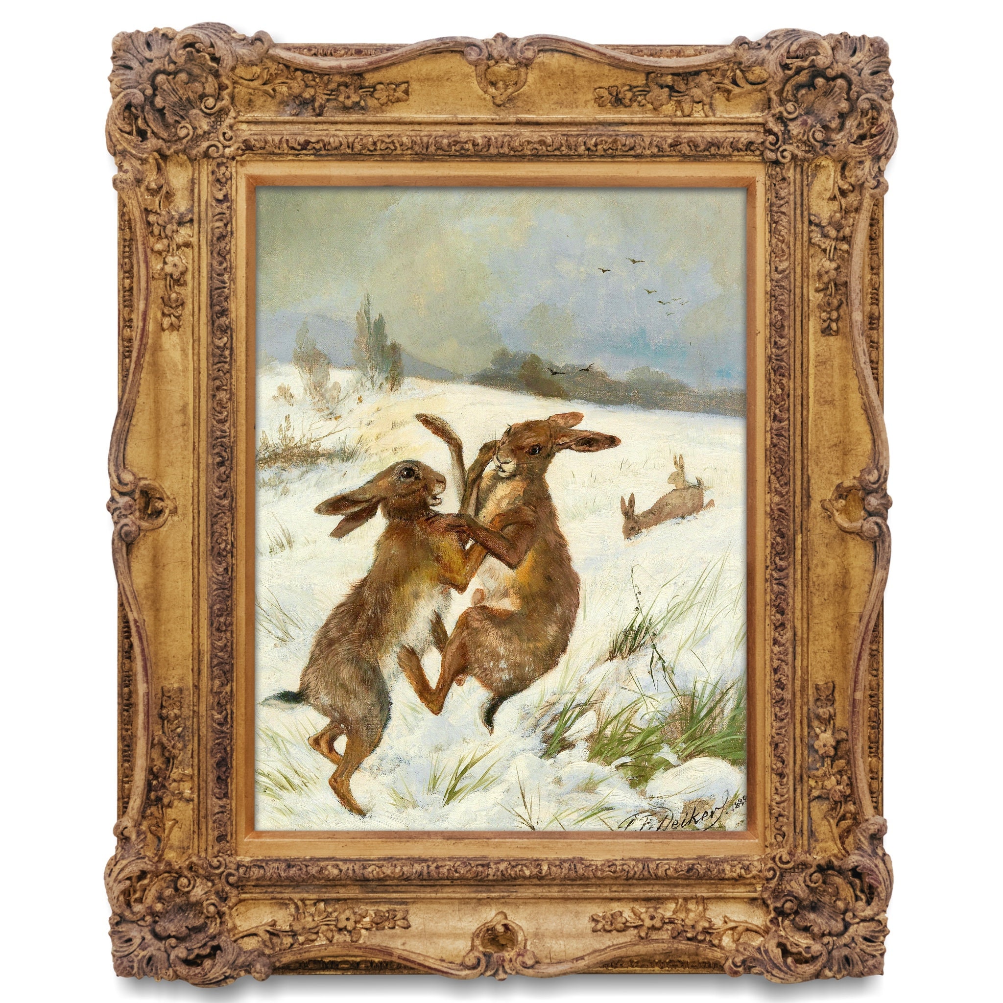 Fighting Rabbits, Antique Victorian Rabbit Painting, Vintage Rabbit Art ...