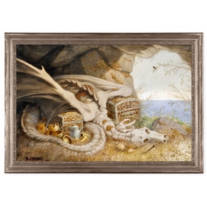 May include: A watercolor painting of a dragon sleeping in a cave with a treasure chest and gold coins. The dragon's wings are spread out and its tail is curled around its body. The cave is dark and shadowy, and the light from the outside world is shining in through the entrance. The painting is signed "T.H. Crawford 1848".