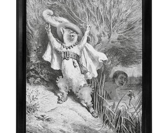 Puss in Boots Art Print, Gustave Dore Illustration, Victorian Fairy Tale, Crazy Cat