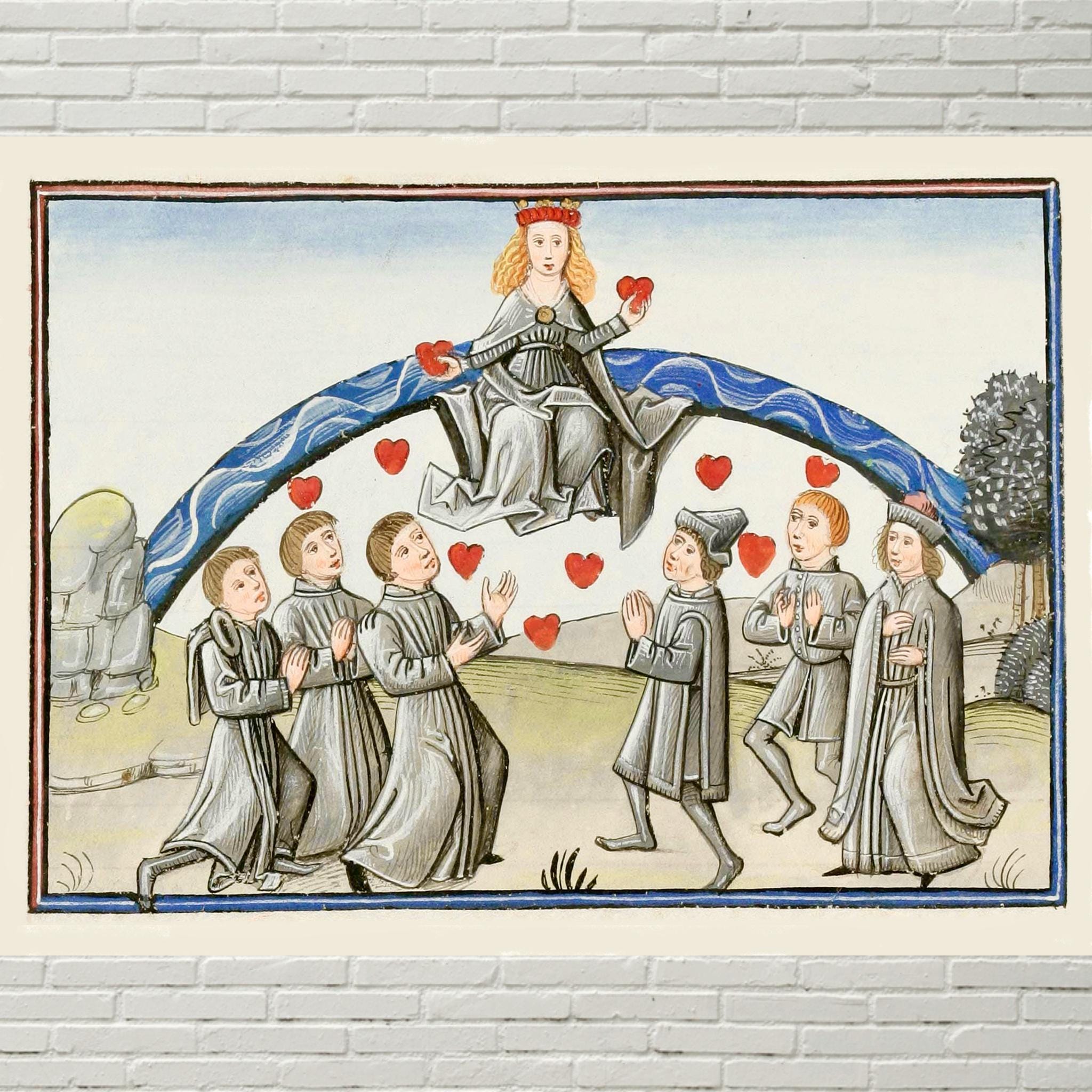 1460 Lovers Offering Hearts to Venus, Medieval Art Print, 15th