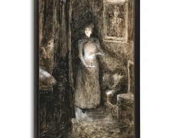 A Haunted Chamber, 19th Century Victorian Ghost Art Print, Ghost Painting, Under Candlelight, Spooky Wall Art, John Butler Yeats, Dark Brown