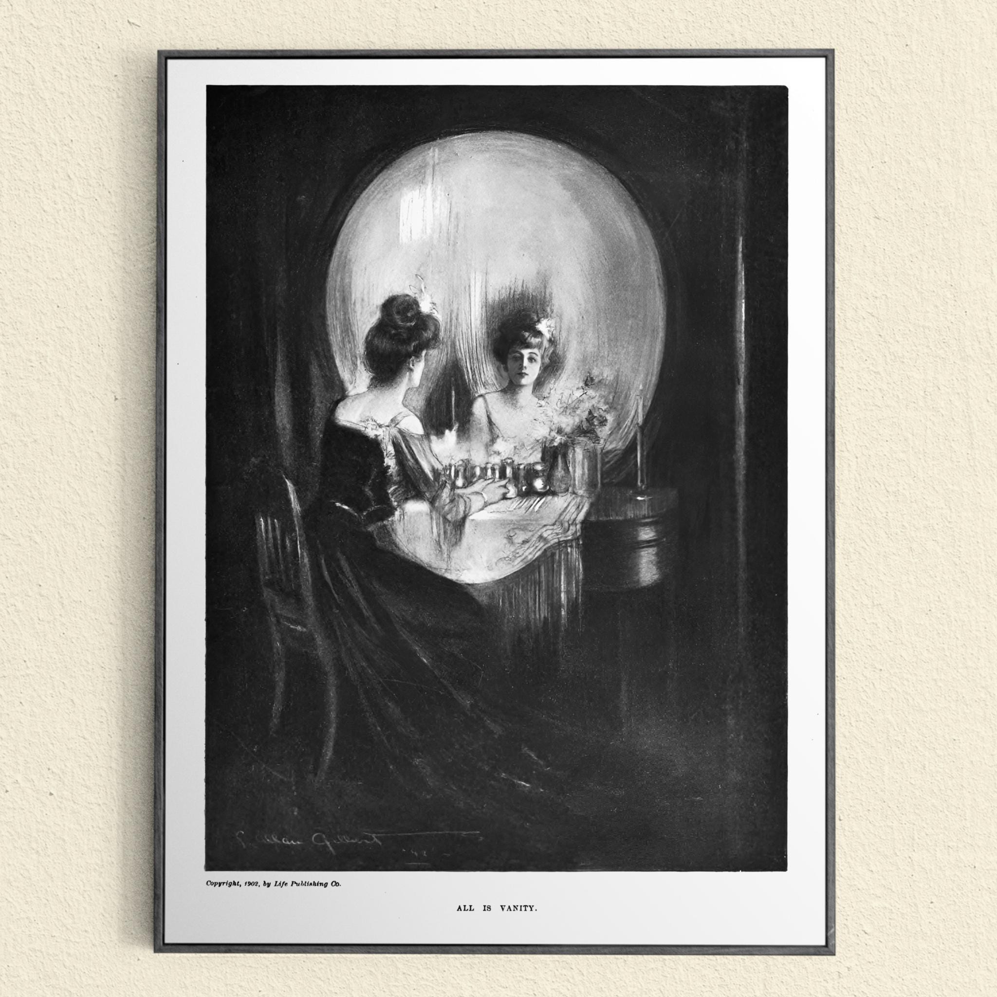 Gothic Victorian Skull Illustration, All is Vanity, Victorian Lady