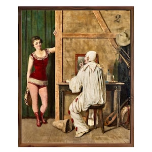 Behind the Scenes, Antique French Clown, Vintage Circus Clown Wall Art, Antique Clown Painting Art Print, Clown Decor, Antique Circus Art