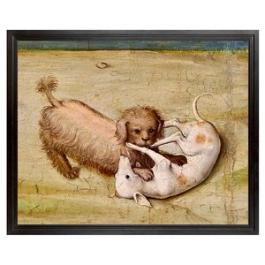 May include: A painting depicting two dogs engaged in a fight. The dog on the left is brown and white, while the dog on the right is white with brown spots. The dogs are set against a brown and green background.