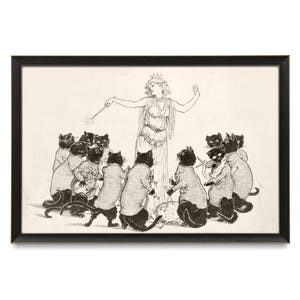 May include: Black and white framed print featuring a whimsical illustration. A woman in a crown and flowing gown holds a wand, surrounded by black cats in sweaters. The cats appear to be in a circle, with some holding bottles.