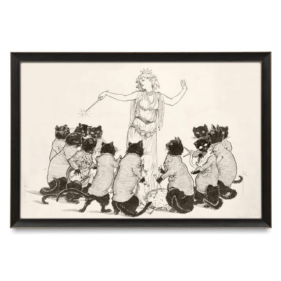 Cat Orchestra Illustration, 19th Century Cat Art, Cats Playing Music, Black and White, Victorian Cat Decor, Rosina Emmet Sherwood