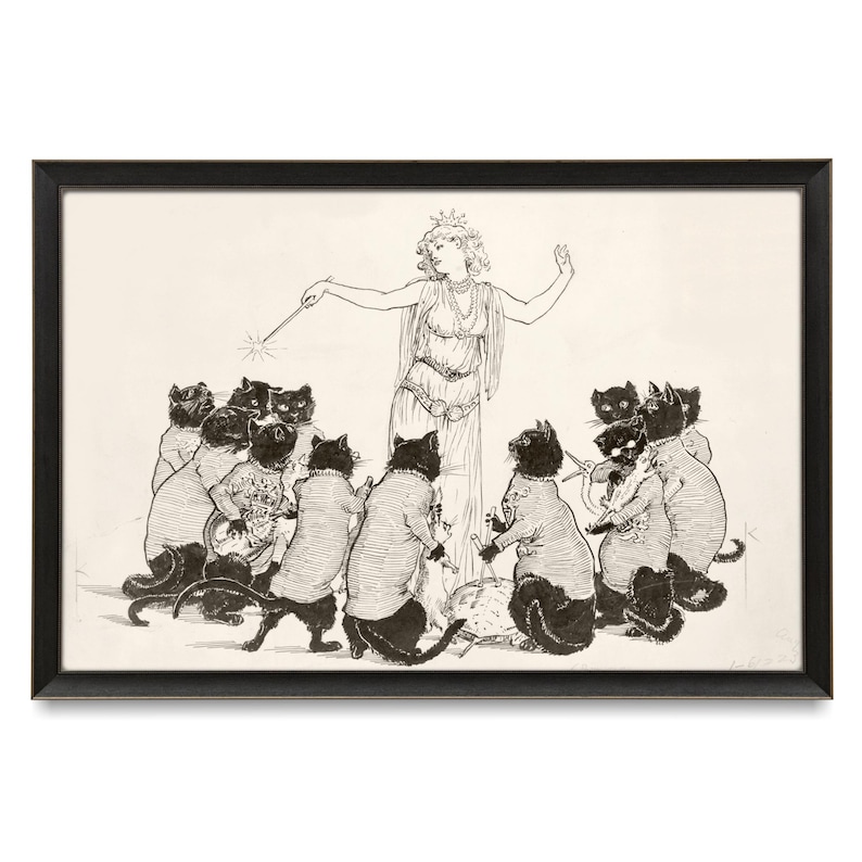 May include: Black and white framed print featuring a whimsical illustration. A woman in a crown and flowing gown holds a wand, surrounded by black cats in sweaters. The cats appear to be in a circle, with some holding bottles.