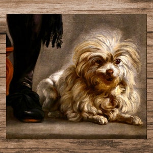 Puede incluir: Una pintura de un perro peque&ntilde;o, blanco y esponjoso con ojos marrones. El perro est&aacute; acostado y mirando directamente al espectador. El pelaje del perro es muy detallado y realista.