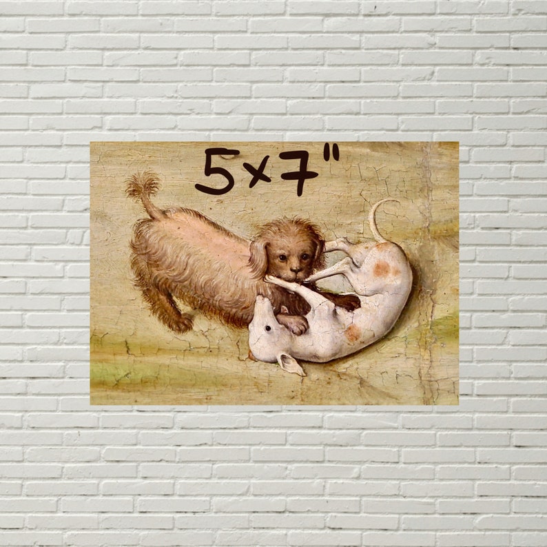 May include: A 5x7 inch print of a painting depicting two dogs, one brown and one white, wrestling with each other. The dogs are in a playful fight, with the brown dog on top of the white dog.