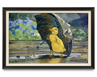 Ilustración vintage de un patito de 1915, reproducción de arte de libro, arte de pared azul y amarillo, lámina de arte de pato, el libro El patito audaz, arte caprichoso