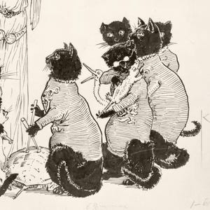 May include: A black and white illustration depicts several anthropomorphic cats in striped shirts. One cat plays drums, while others appear to be interacting with a bird. The artwork has a vintage, whimsical style, reminiscent of a children's book illustration.