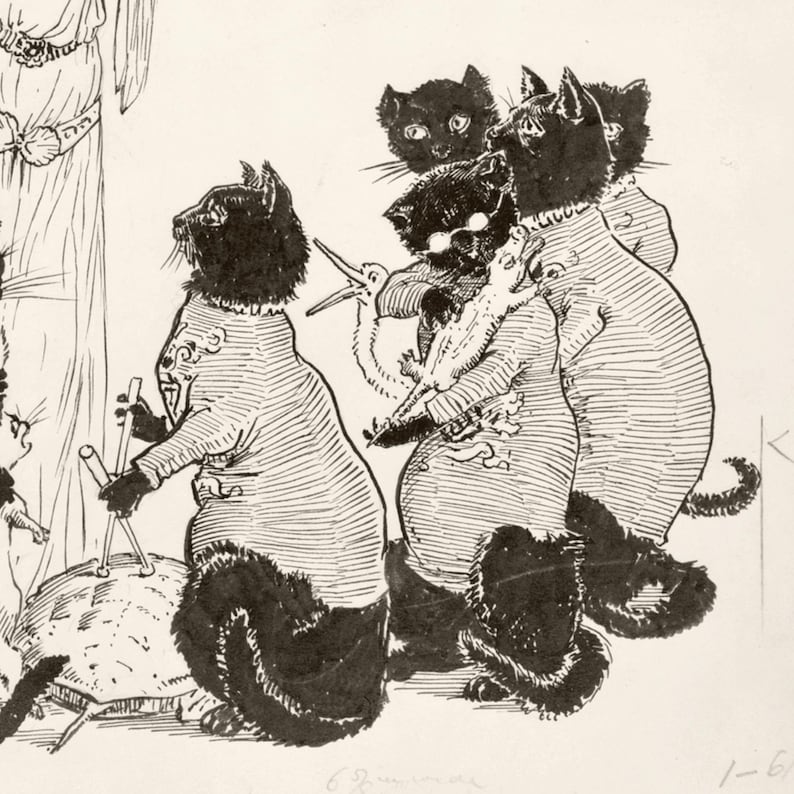 May include: A black and white illustration depicts several anthropomorphic cats in striped shirts. One cat plays drums, while others appear to be interacting with a bird. The artwork has a vintage, whimsical style, reminiscent of a children's book illustration.