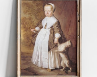 17th Century Dutch Art Print, Girl with Silly Cat Painting