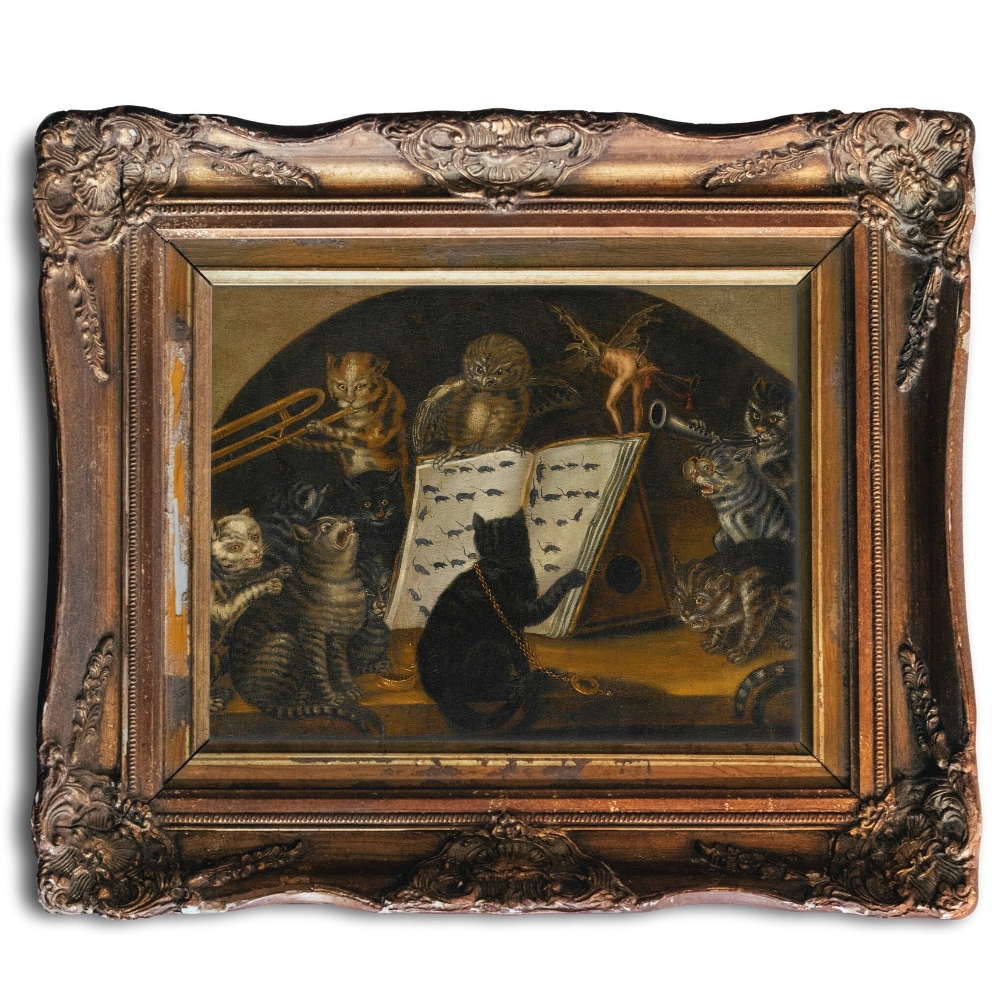 Bizarre Renaissance Cat Painting, Unframed Art Print, Owl and Cat Orchestra, Weird Antique Cat Paint