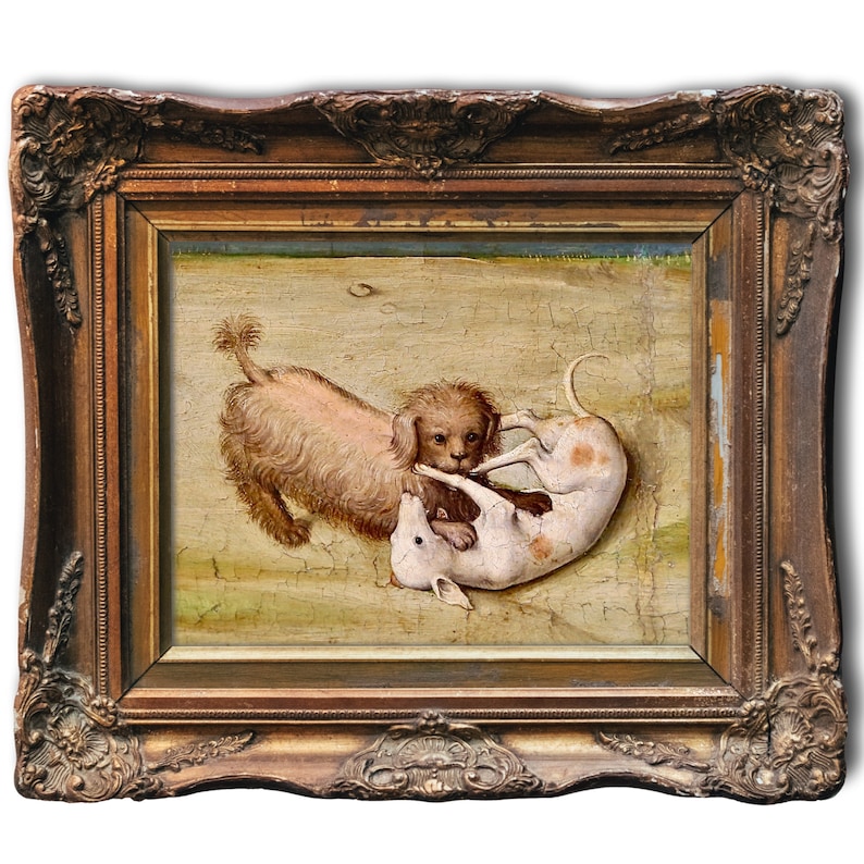 May include: A framed oil painting depicting two dogs in a playful scuffle. The larger dog is brown and white, while the smaller dog is white with brown spots. The painting is set against a light brown background.