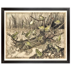 Playful Frogs Art Print, Reproduction Vintage Illustration, Arthur Rackham Fairytale Book Illustration, Frog Art Print, Frog Decor