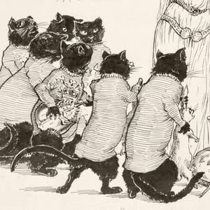 May include: An illustration depicts a group of black cats, some wearing striped shirts, gathered around a figure. The cats have expressive faces and are engaged in an activity. The artwork is in black and white, with detailed linework.