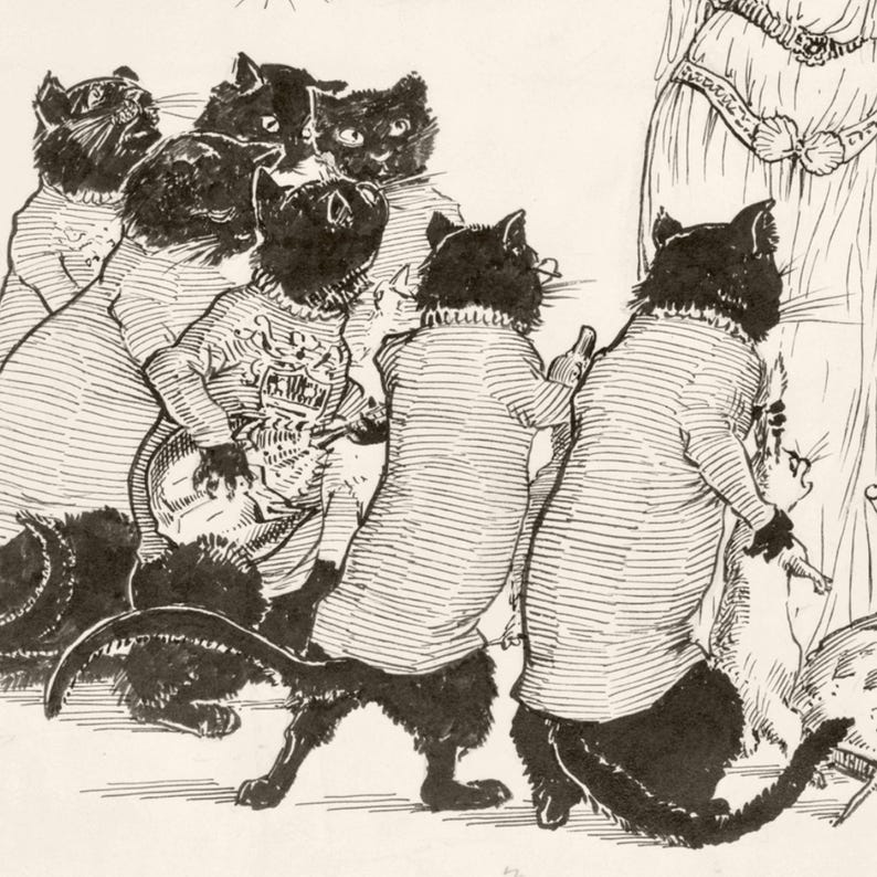 May include: An illustration depicts a group of black cats, some wearing striped shirts, gathered around a figure. The cats have expressive faces and are engaged in an activity. The artwork is in black and white, with detailed linework.