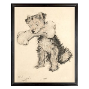 May include: A framed pencil sketch of a terrier-type dog sitting and holding a large bone. The dog is rendered in shades of gray, black, and tan, with a fluffy coat. The artwork is set against a cream-colored background.