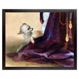 May include: A framed print featuring a small, light-colored dog with large ears, resting near a draped purple fabric. The artwork has a vintage aesthetic, with a neutral background and ornate gold accents.