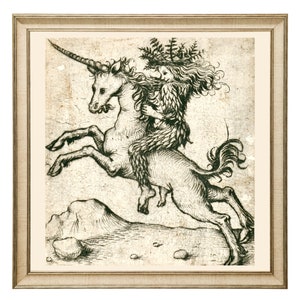 Wildeman on a Unicorn, Medieval Rennaissance Art Print, Unicorn Art, Middle Ages Wall Art, Medieval Drawing, Man Riding Unicorn, Weird Art